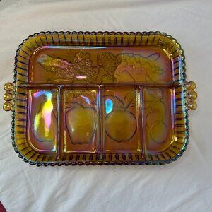 Vintage Indiana Marigold Carnival Glass Divided Iridescent Charcuterie Tray